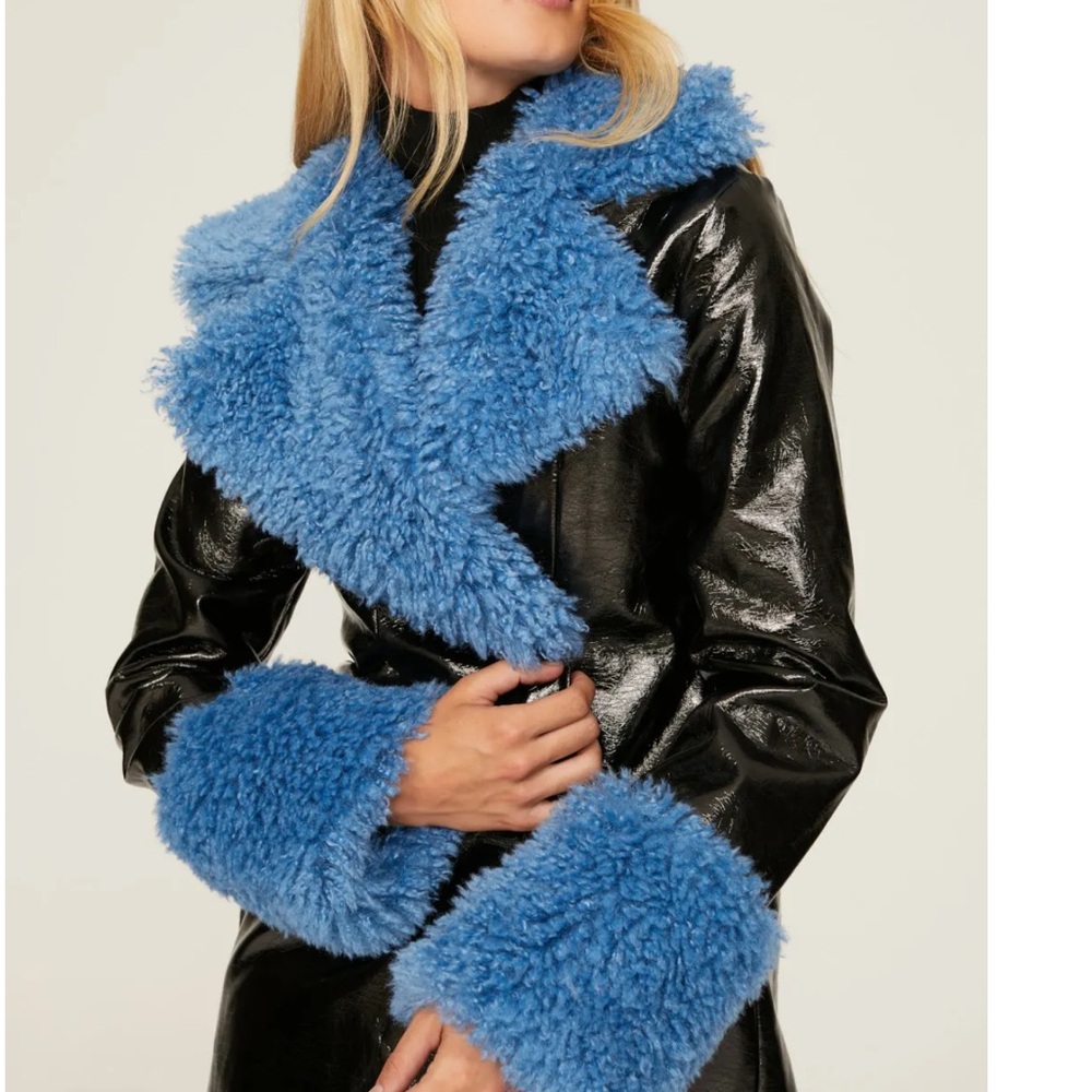 Women's Black and Blue Faux Fur Trim Coat